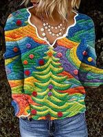 Women's Colorful Christmas Tree Print Wave Neck Long Sleeve Top Christmas Sweater