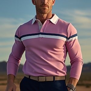 Men's Polo Shirt Button Up Polos Casual Sports Lapel Long Sleeve Fashion Basic Color Block Patchwork Button Spring   Fall Regular Fit Pink Polo Shirt Lightinthebox