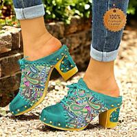 Women's Sandals Slippers Clogs Plus Size Handmade Shoes Outdoor Daily Beach Peacock Feather Rivet Block Heel Round Toe Bohemia Vintage Casual Walking Premium Leather Loafer Colorful Green Lightinthebox