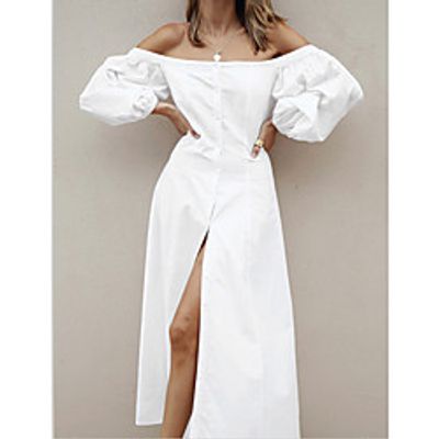 Women's A Line Dress Maxi long Dress White Half Sleeve Solid Color Modern Style Fall Summer Off Shoulder Casual 2021 S M L Lightinthebox