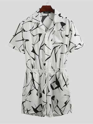 INCERUN Men Beach Hawaiian White Printed Short Sleeve Overalls Romper Jumpsuit INCERUN Men Beach Hawaiian White Printed Short Sleeve Overalls Romper Jumpsuit
