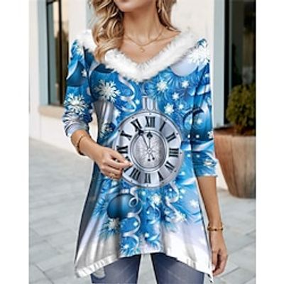 Women's T shirt Tee Christmas Shirt Graphic Blue Flowing tunic Print Long Sleeve Christmas Weekend Festival  Holiday Fur Collar V Neck Regular Fit Spring   Fall Lightinthebox