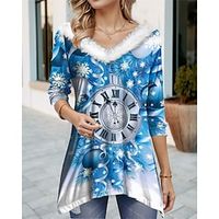 Women's T shirt Tee Christmas Shirt Graphic Blue Flowing tunic Print Long Sleeve Christmas Weekend Festival  Holiday Fur Collar V Neck Regular Fit Spring   Fall Lightinthebox - thumbnail