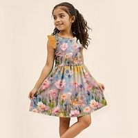 Girls' 3D Floral Ruffle Dress Sleeveless 3D Print Summer Cute Sweet Kids 3-12 Years Casual Dress Knee-length Polyester Regular Fit Lightinthebox