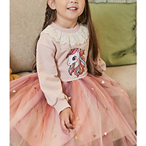 Kids Little Girls' Dress Patchwork Graphic Mesh Patchwork Print Blushing Pink Beige Knee-length Long Sleeve Active Dresses Regular Fit miniinthebox