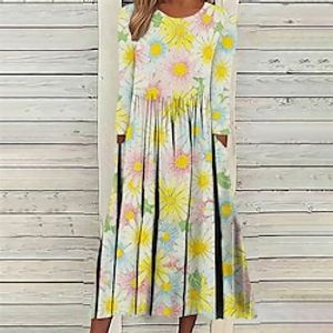 Women's A Line Dress Midi Dress Green White Black Blue Yellow Light Blue 3/4 Length Sleeve Floral Pocket Print Fall Winter Crew Neck Stylish Casual Modern 2022 S M L XL XXL miniinthebox