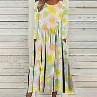 Women's A Line Dress Midi Dress Green White Black Blue Yellow Light Blue 3/4 Length Sleeve Floral Pocket Print Fall Winter Crew Neck Stylish Casual Modern 2022 S M L XL XXL miniinthebox - thumbnail