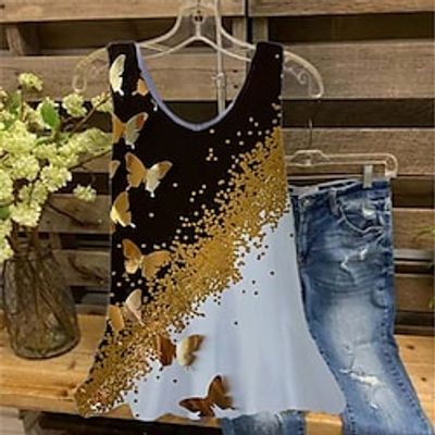 Women's Plus Size Tops Blouse Shirt Color Gradient Butterfly Print Sleeveless Crewneck Streetwear Daily Holiday Cotton Spandex Jersey Spring Summer Black Gray Lightinthebox