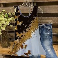 Women's Plus Size Tops Blouse Shirt Color Gradient Butterfly Print Sleeveless Crewneck Streetwear Daily Holiday Cotton Spandex Jersey Spring Summer Black Gray Lightinthebox - thumbnail