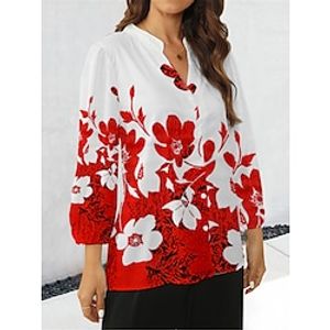 Women's Shirt Blouse Floral Red Print Button Long Sleeve Casual Fashion Modern Standing Collar Regular Fit Spring Lightinthebox