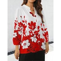 Women's Shirt Blouse Floral Red Print Button Long Sleeve Casual Fashion Modern Standing Collar Regular Fit Spring Lightinthebox - thumbnail