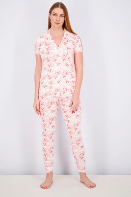 Womens Short Sleeve Spread Collar Printed Top And Pajama Pants Pink Floral Womens Short Sleeve Spread Collar Printed Top And Pajama Pants Pink Floral