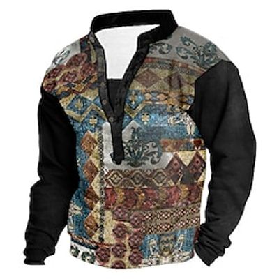 Men's Sweatshirt Black Standing Collar Henley Colorful Print 3D Casual 3D Print 3D Print Casual Spring Fall  Winter Clothing Apparel Hoodies Sweatshirts  miniinthebox