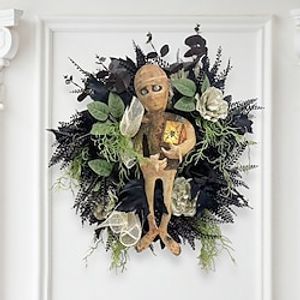 Halloween Wreath, Scary Front Door Decoration Black Rose Door Wreath Welcome Sign,Halloween Thanksgiving Indoor and Outdoor Domiciliary Decorations miniinthebox