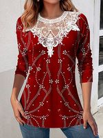 Women's Hollow Lace Patchwork Printed Long Sleeve Top Holiday Party Top