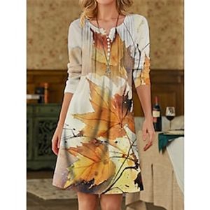 Women's Casual Dress Winter Dress Print Dress Leaf Floral Button Print Crew Neck Mini Dress Streetwear Modern Outdoor Daily Long Sleeve Regular Fit Yellow Blue Green Fall Winter S M L XL 2XL Lightinthebox