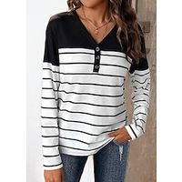 Women's T shirt Tee Henley Shirt Color Block Striped Black Print Button Long Sleeve Daily Weekend Fashion V Neck Regular Fit Spring   Fall Lightinthebox - thumbnail