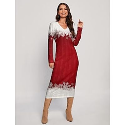 Women's Christmas Dress Sweater Dress Jumper Dress Midi Dress Warm Snowflake Outdoor Christmas Daily Holiday V Neck Long Sleeve 2023 Regular Fit Red Blue Rose Red S M L XL XXL 3XL Lightinthebox