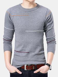Mens Solid Striped O-Neck Thin Knit Sweater