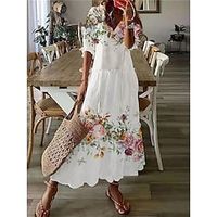 Women's Long Dress Maxi Dress Casual Dress A Line Dress Summer Dress Floral Streetwear Casual Outdoor Daily Date Ruched Print Half Sleeve V Neck Dress Regular Fit White Spring Summer S M L XL XXL Lightinthebox - thumbnail