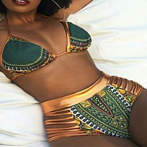 Women's Bikini Tankini Swimsuit High Waist Print Tribal Blue Purple Army Green Fuchsia Green Swimwear Halter Bathing Suits / Padless miniinthebox
