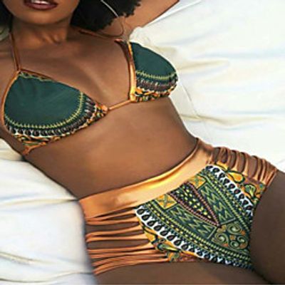 Women's Bikini Tankini Swimsuit High Waist Print Tribal Blue Purple Army Green Fuchsia Green Swimwear Halter Bathing Suits / Padless miniinthebox