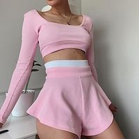 Crop Set Women's Black Yellow Pink Solid Color 2 Piece Crop Top Street Daily Sports Daily Square Neck Regular Fit S Lightinthebox - thumbnail