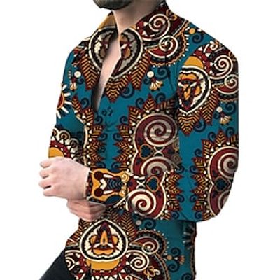 Graphic Tribal Boho Men's Shirt Button Up Shirt Casual Shirt Daily Wear Date Vacation Spring   Fall Lapel Long Sleeve Yellow, Blue, Dark Green S, M, L Polyester Shirt Carnival Lightinthebox