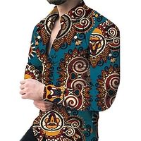 Graphic Tribal Boho Men's Shirt Button Up Shirt Casual Shirt Daily Wear Date Vacation Spring   Fall Lapel Long Sleeve Yellow, Blue, Dark Green S, M, L Polyester Shirt Carnival Lightinthebox - thumbnail