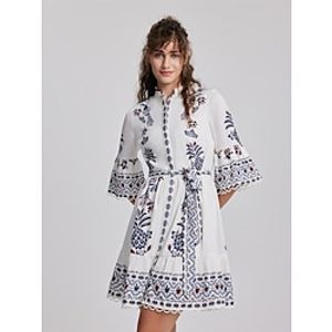 Women's Casual Dress A Line Dress Floral Geometric Print Lace up Split Neck Flared Sleeve Mini Dress Streetwear A Line Street Vacation 34 Length Sleeve Regular Fit White Spring Fall S M L XL 2XL Lightinthebox