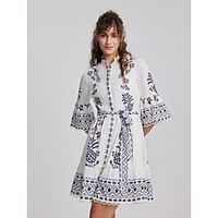 Women's Casual Dress A Line Dress Floral Geometric Print Lace up Split Neck Flared Sleeve Mini Dress Streetwear A Line Street Vacation 34 Length Sleeve Regular Fit White Spring Fall S M L XL 2XL Lightinthebox - thumbnail