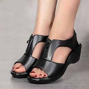 Women's Sandals Wedge Sandals Wedge Heel Peep Toe Casual PU Leather Zipper Black Lightinthebox