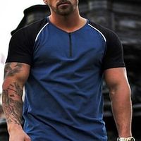 Men's T shirt Tee Color Block V Neck Street Casual Patchwork Short Sleeve Tops Basic Fashion Classic Comfortable Blue  Summer Lightinthebox - thumbnail