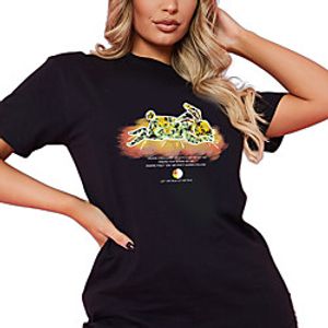Women's T shirt Letter Animal Print Round Neck Tops 100% Cotton Basic Basic Top Black miniinthebox