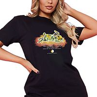 Women's T shirt Letter Animal Print Round Neck Tops 100% Cotton Basic Basic Top Black miniinthebox - thumbnail