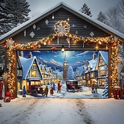 Christmas Outdoor Garage Door Cover Snowy Town Xmas Door Banner Party Large Door Mural Christmas Backdrop Decoration for Holiday Home Wall Decorations miniinthebox