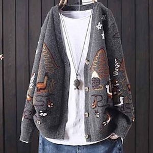 Women's Cardigan Sweater Jumper Knit Knitted Print Floral Open Front Stylish Casual Outdoor Daily Winter Fall Khaki Beige One-Size / Long Sleeve / Holiday / Regular Fit / Going out miniinthebox