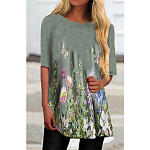 Women's T Shirt Dress Tee Dress Short Mini Dress Gray Half Sleeve Floral Print Fall Summer Round Neck Casual 2021 S M L XL XXL 3XL miniinthebox