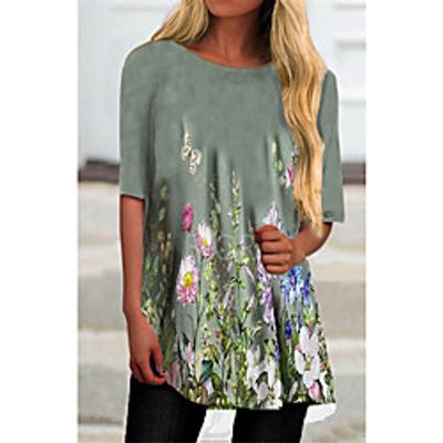 Women's T Shirt Dress Tee Dress Short Mini Dress Gray Half Sleeve Floral Print Fall Summer Round Neck Casual 2021 S M L XL XXL 3XL miniinthebox