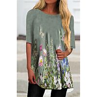 Women's T Shirt Dress Tee Dress Short Mini Dress Gray Half Sleeve Floral Print Fall Summer Round Neck Casual 2021 S M L XL XXL 3XL miniinthebox - thumbnail