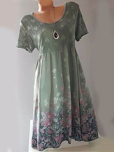 Round Neck Patchwork Floral Printed Lace Shift Dress