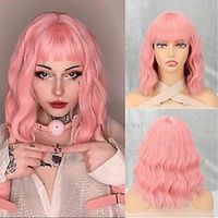 12 Inch Multicolor Water Wave Hair Wigs Short Bob Curly Wigs With Bangs For Women For Daily Show Party Halloween Use Lightinthebox - thumbnail