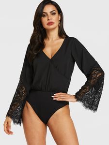 Black Lace Insert Bell Sleeves Bodysuit