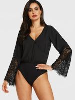 Black Lace Insert Bell Sleeves Bodysuit - thumbnail