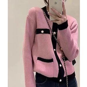 Women's Cardigan Sweater Jumper Waffle Knit Hollow Out Button Solid Color Crew Neck Casual Daily Weekend Winter Fall Black Pink One-Size Lightinthebox