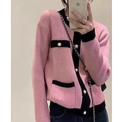 Women's Cardigan Sweater Jumper Waffle Knit Hollow Out Button Solid Color Crew Neck Casual Daily Weekend Winter Fall Black Pink One-Size Lightinthebox
