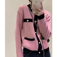 Women's Cardigan Sweater Jumper Waffle Knit Hollow Out Button Solid Color Crew Neck Casual Daily Weekend Winter Fall Black Pink One-Size Lightinthebox - thumbnail