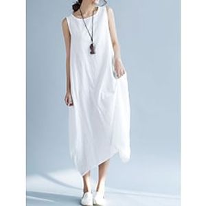 Women's Cotton Linen Dress Casual Dress Midi Dress Cotton And Linen Basic Casual Outdoor Vacation Crew Neck Pocket Sleeveless Spring Summer 2023 Loose Fit White Red Pure Color M L XL 2XL Lightinthebox