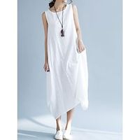 Women's Cotton Linen Dress Casual Dress Midi Dress Cotton And Linen Basic Casual Outdoor Vacation Crew Neck Pocket Sleeveless Spring Summer 2023 Loose Fit White Red Pure Color M L XL 2XL Lightinthebox - thumbnail