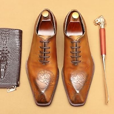 Men's Oxfords Retro Formal Shoes Brogue Dress Shoes Walking British Gentleman Office  Career Party  Evening Leather Italian Full-Grain Cowhide Comfortable Slip Resistant Lace-up Yellowish brown Grey Lightinthebox